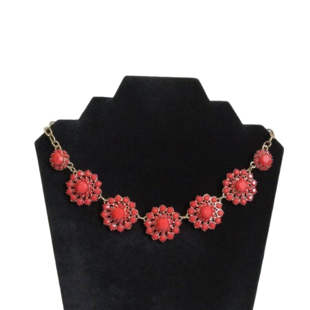 Red Rhinestone Encrusted Flowers Gold Toned Cable Link Chain Statement Necklace